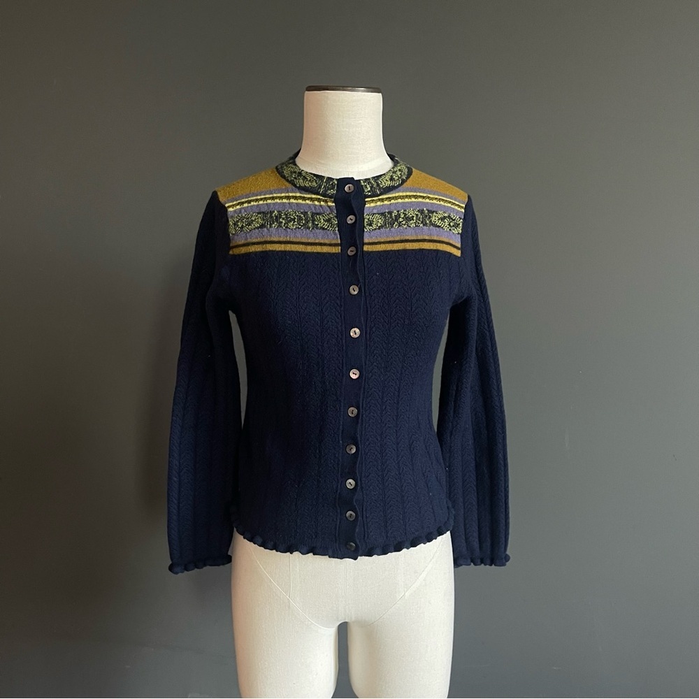 SUNO Navy Cardigan with Yellow and Olive Accent